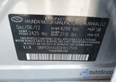 2013 Hyundai Sonata Gls from USA, damaged, VIN 5NPEB4AC6DH657510